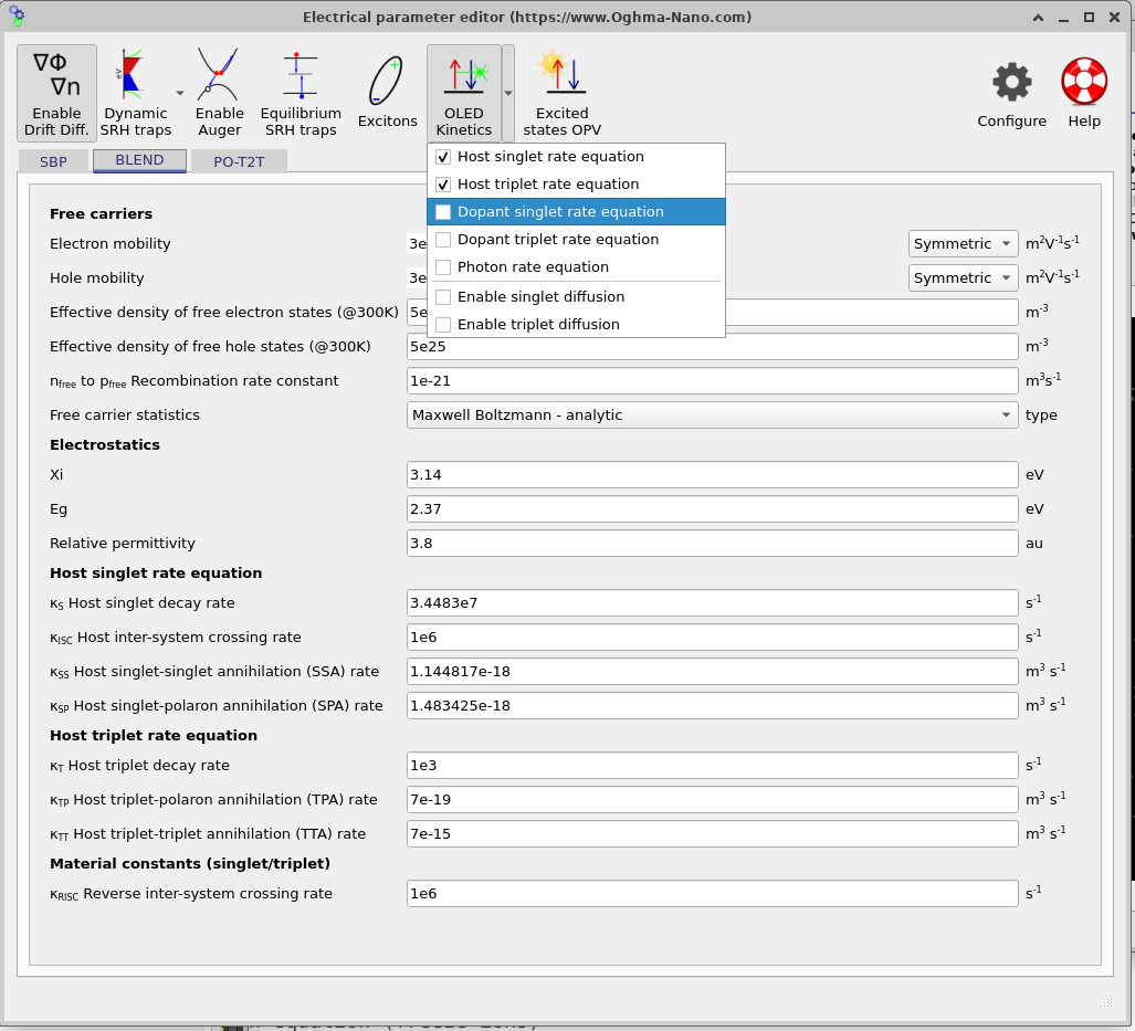Excited states OLED model in OghmaNano showing the button enabled and the dropdown menu with host singlet and host triplet rate equations enabled