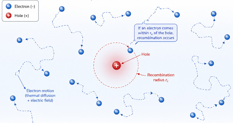 Illustration of diffusion-limited recombination showing electrons moving through a semiconductor towards a hole.
