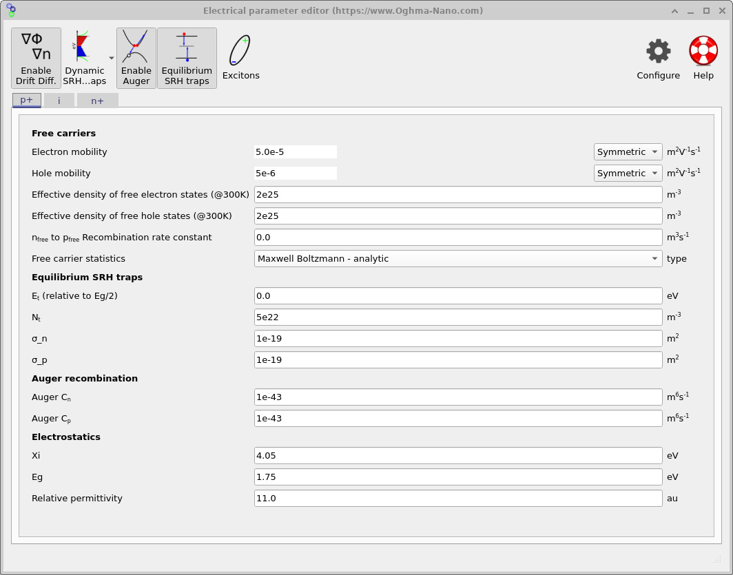 Electrical parameter editor for the p+ a-Si:H layer showing mobilities, equilibrium SRH trap parameters, Auger coefficients, and electrostatics