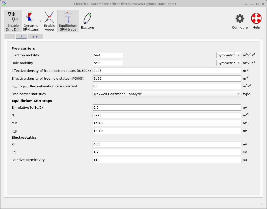 Electrical parameter editor for the intrinsic a-Si:H layer showing mobilities, equilibrium SRH trap parameters, and electrostatics