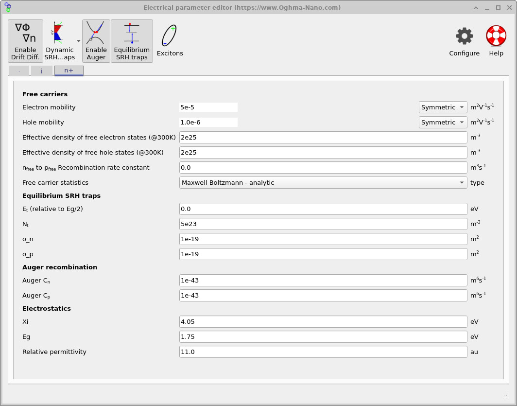 Electrical parameter editor for the n+ a-Si:H layer showing mobilities, equilibrium SRH trap parameters, Auger coefficients, and electrostatics