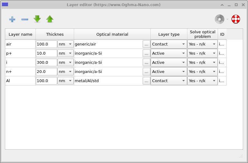 Layer editor showing the p, i, and n amorphous silicon layers and metal back contact