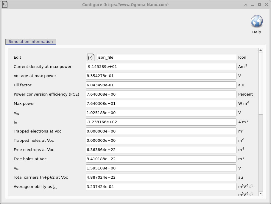 Simulation information panel showing extracted solar-cell performance metrics