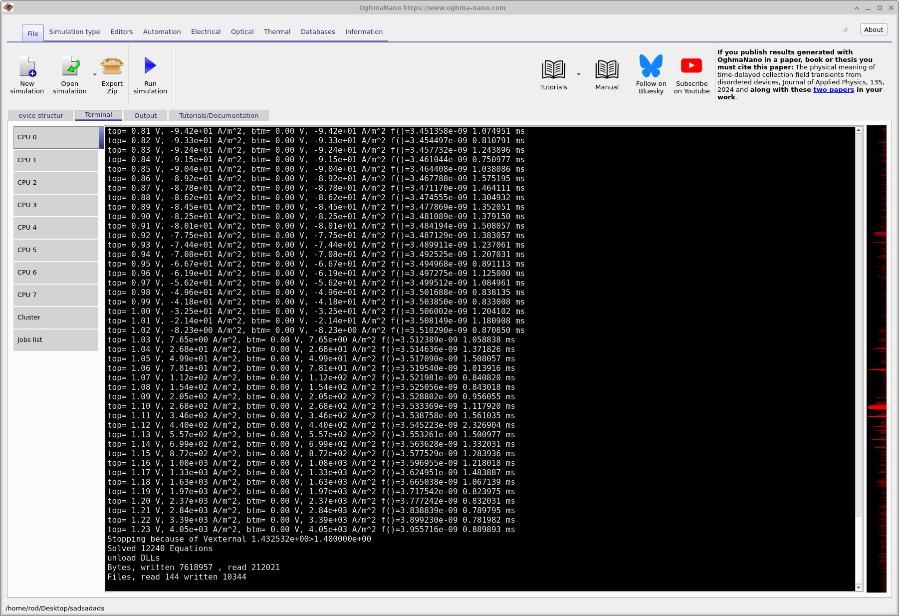 Terminal output showing solver progress during a JV sweep