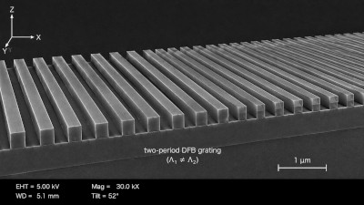 SEM-style view of a two-period DFB grating showing the change in grating period along the structure.
