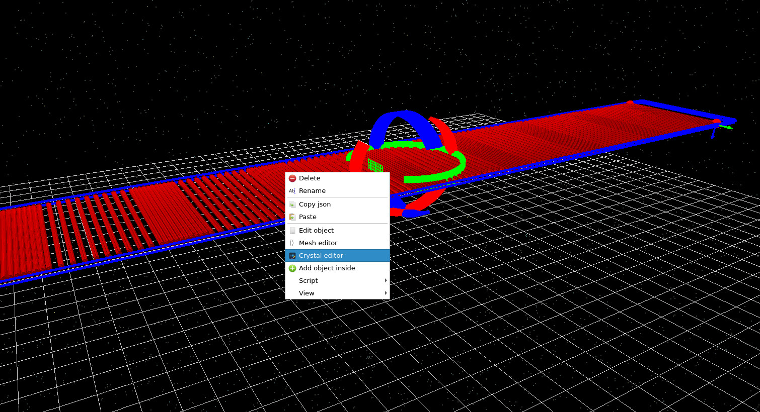 Right-click menu on the DFB structure showing the Mesh editor and Crystal editor options.