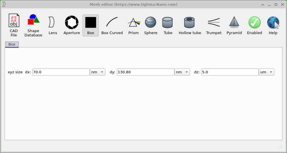 Mesh editor showing the box dimensions of the grating.