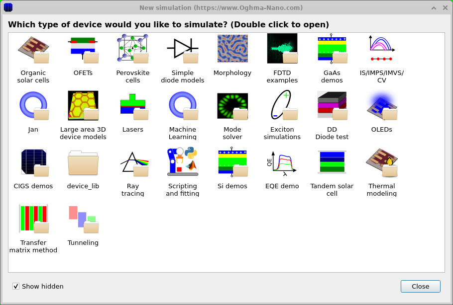 New simulation window showing the available device types.