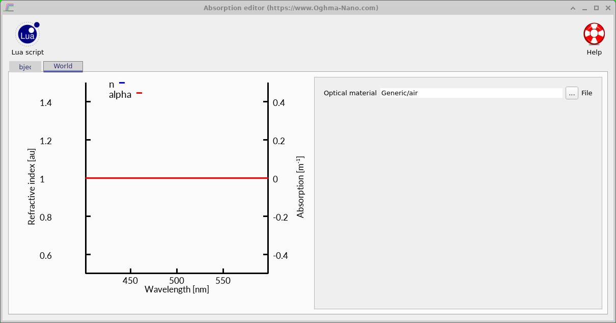 Absorption editor showing the refractive index and absorption of the surrounding air.