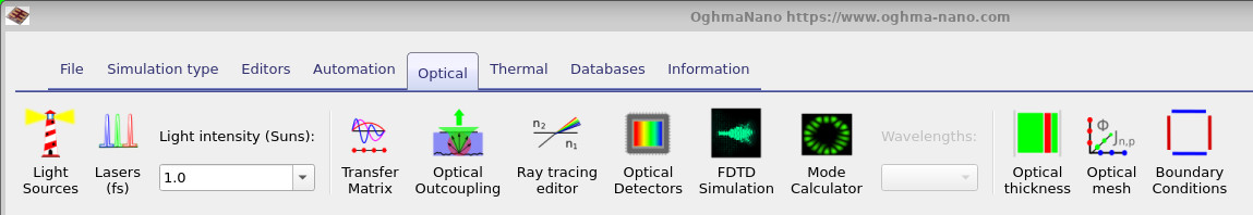 Optical ribbon in the OghmaNano main window showing the Light Sources control.
