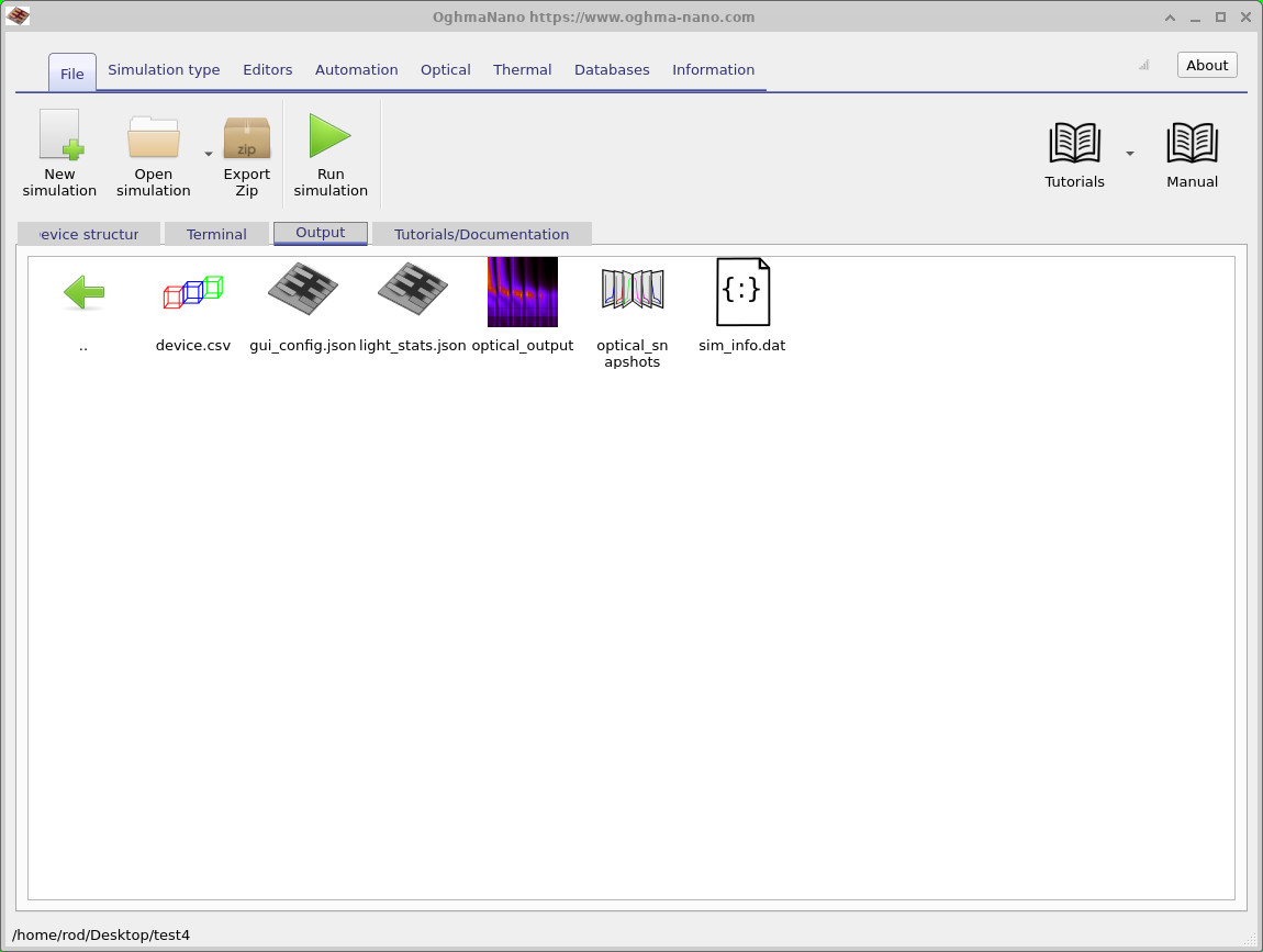 Output tab showing the files and folders generated by the simulation.