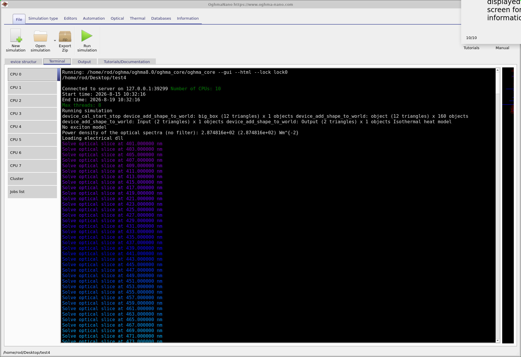 Terminal showing the finite-difference transfer matrix solver stepping through wavelengths.