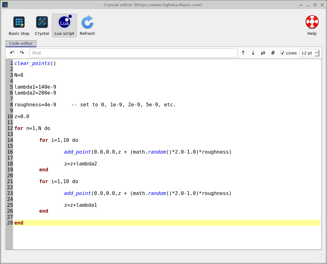 Crystal editor showing the Lua script used to generate the DFB grating structure.