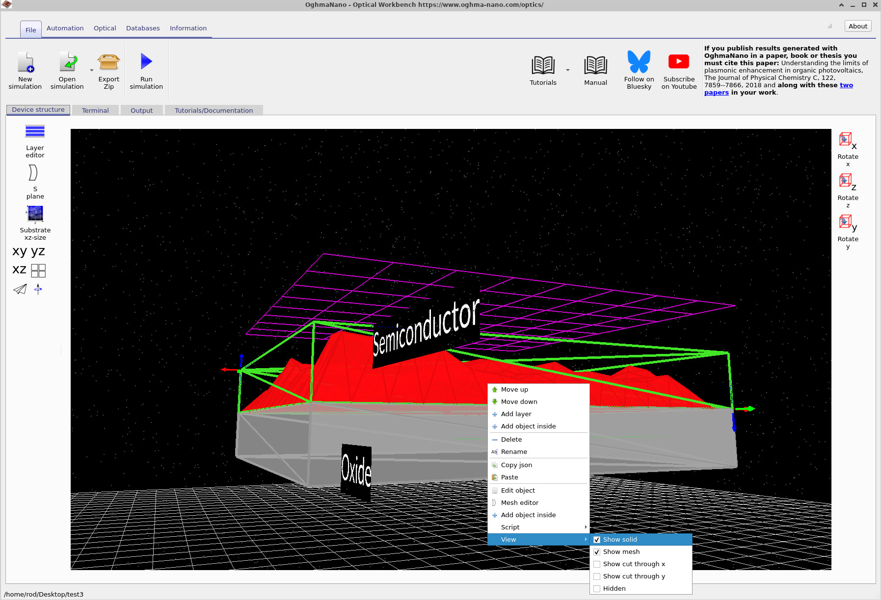 上下文菜单显示半导体层的 视图 > 显示实体 选项。