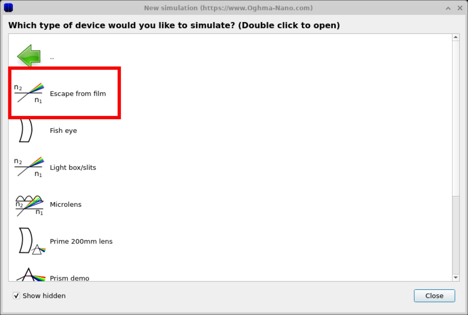 光线追踪示例列表，其中从薄膜中逃逸被高亮显示。