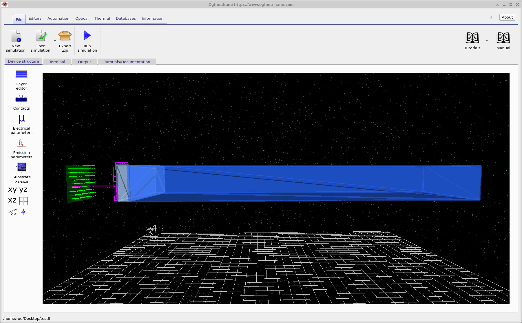 Main OghmaNano window showing a one-dimensional anti-reflective coating geometry with source, thin film, substrate, detectors, and absorbing boundaries.