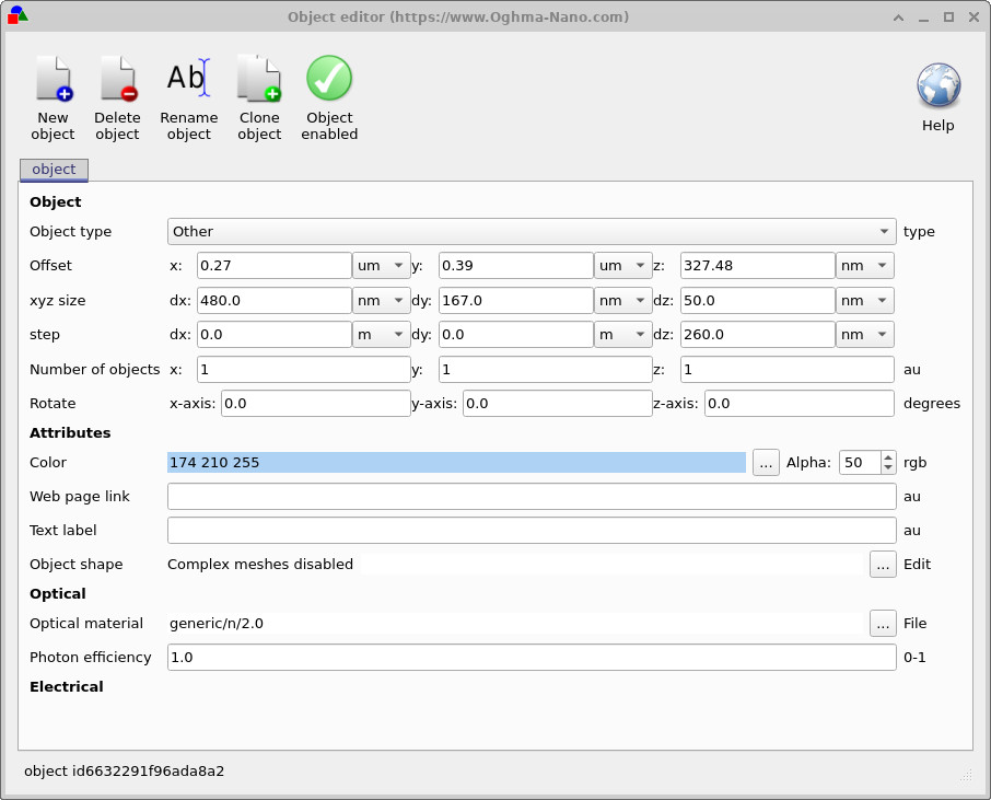 Object editor showing thickness and material settings for the anti-reflective coating.
