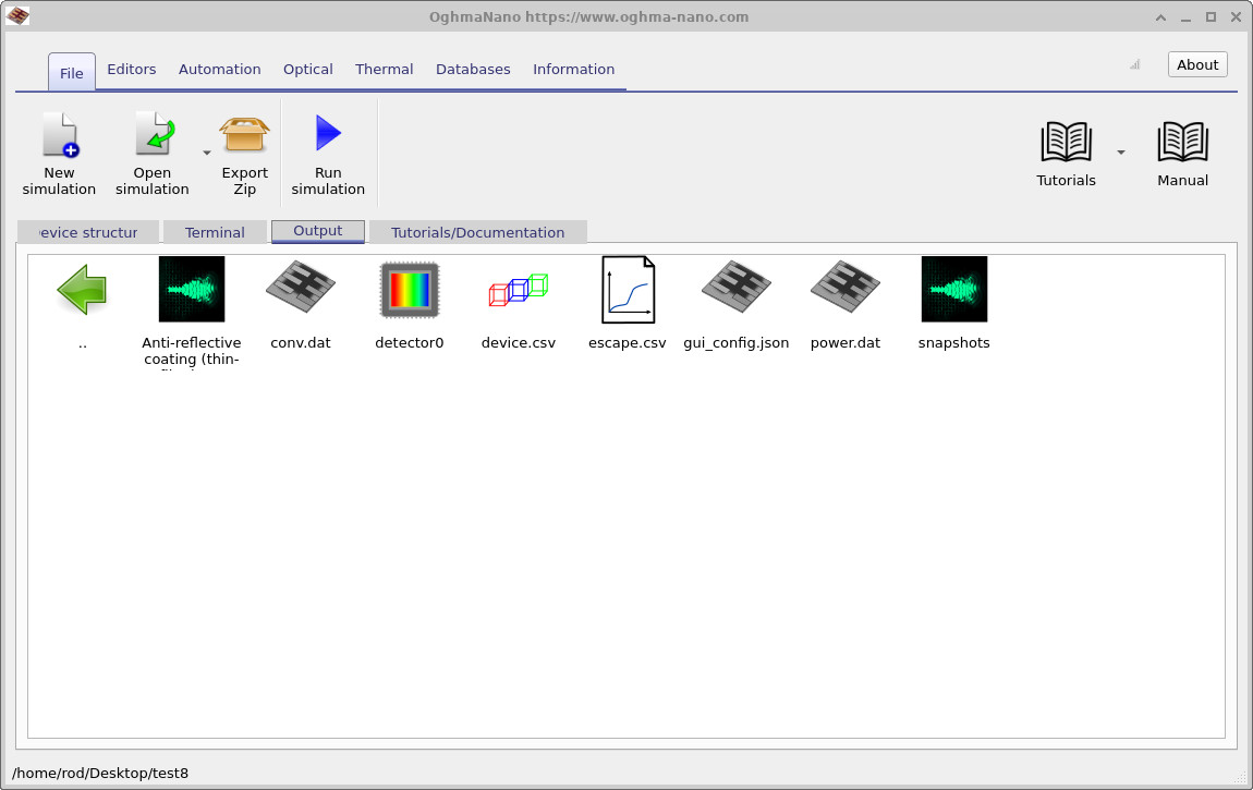 Output tab listing files produced by the anti-reflective coating simulation including detector outputs and snapshots directory.