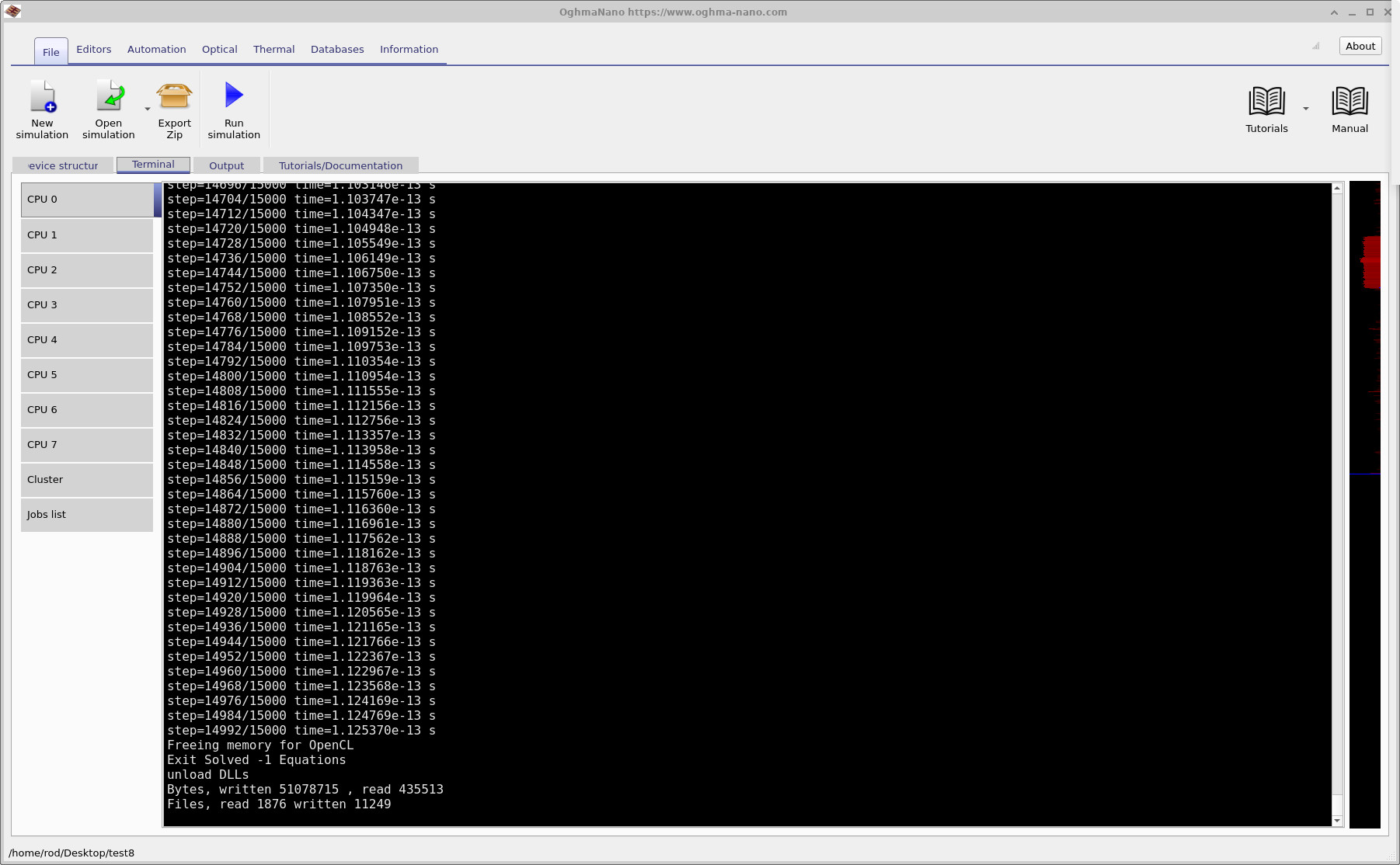 Terminal tab showing the anti-reflective coating FDTD simulation starting, including timestep, wavelength information, and backend selection.