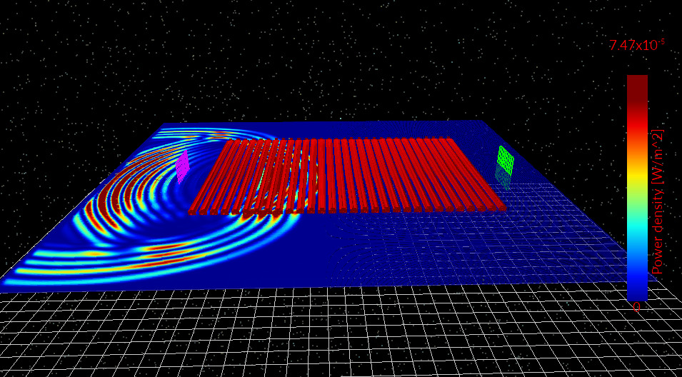 2D FDTD simulation of a Bragg grating showing electromagnetic wave scattering, interference, and reflection patterns