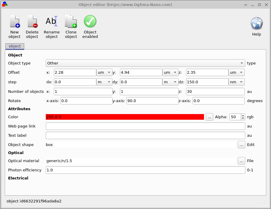 Object editor showing dz step set to 150 nm while maintaining 30 periods in the Bragg grating.