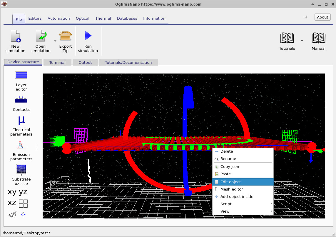 Right-click menu on the Bragg grating showing the Edit object option.