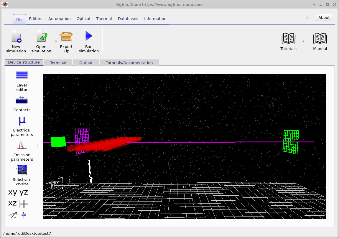 Simulation view showing a reduced number of Bragg grating bars after editing.