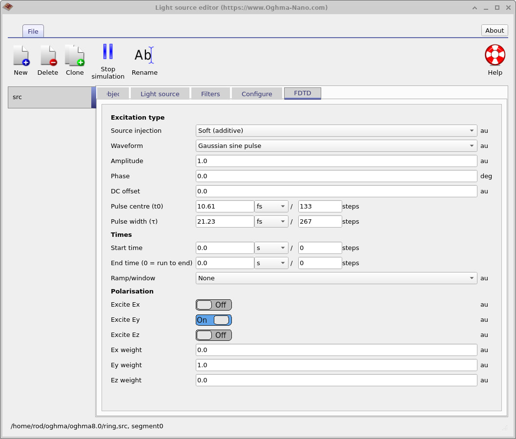 Light source editor showing the source settings for the 1D Bragg mirror simulation.