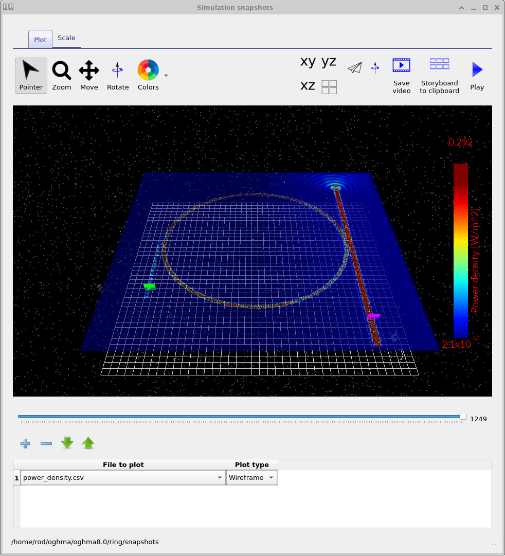 Snapshot viewer showing a later-time field distribution with strong reflection and only weak transmission beyond the Bragg mirror.
