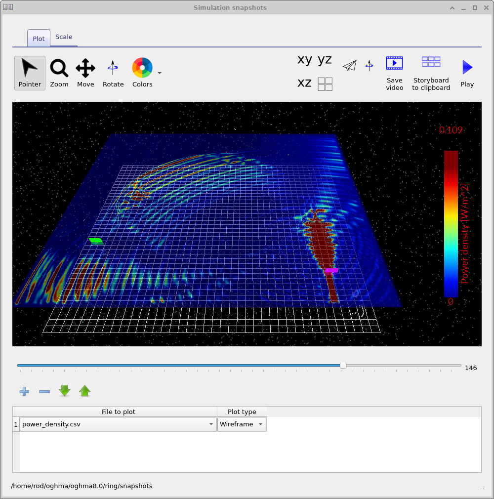 Snapshot of the Bragg mirror simulation shortly after a pulsed excitation, showing the pulse approaching the multilayer.