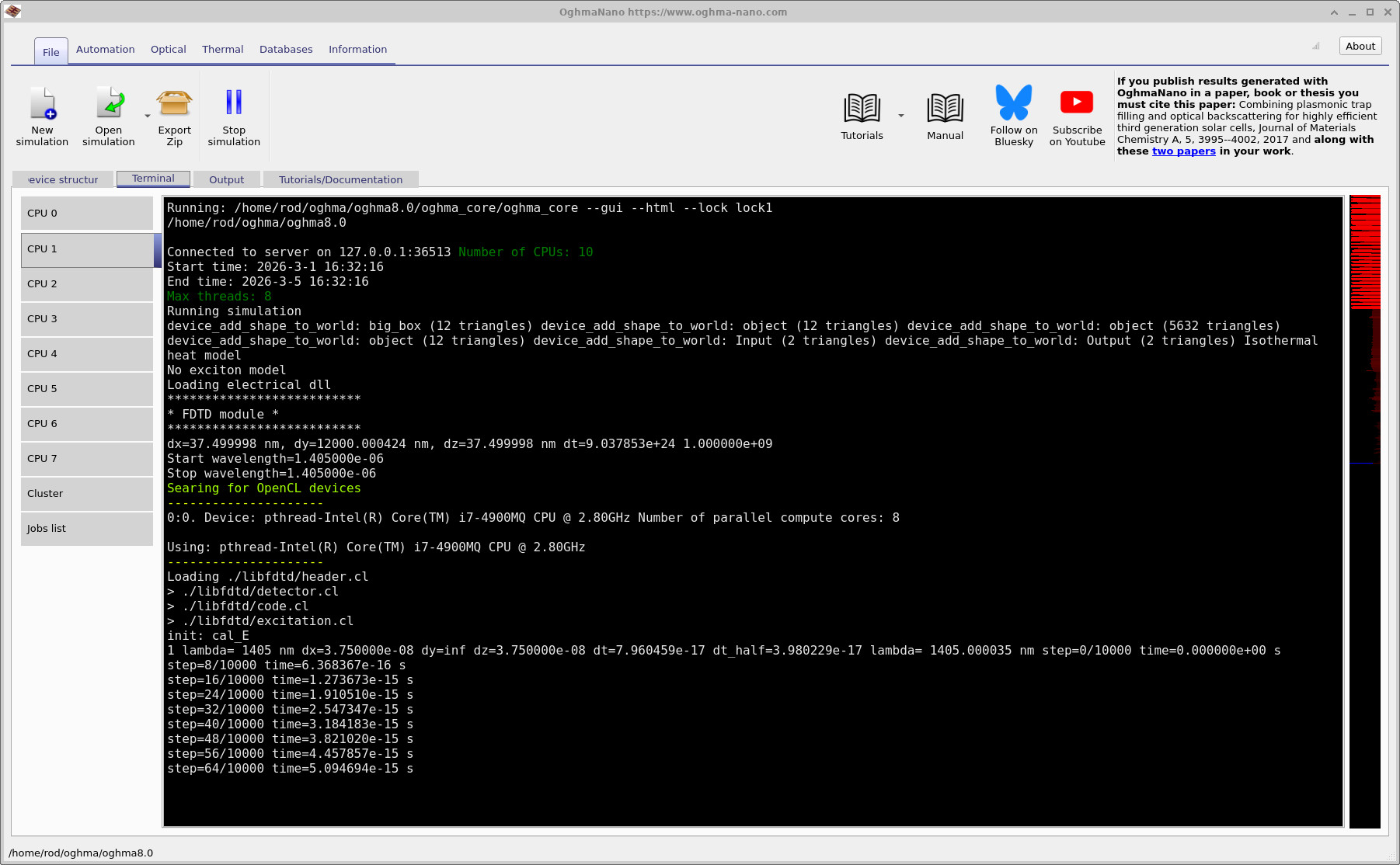 Terminal tab showing the FDTD Bragg mirror simulation starting, including timestep, wavelength information, and backend selection.