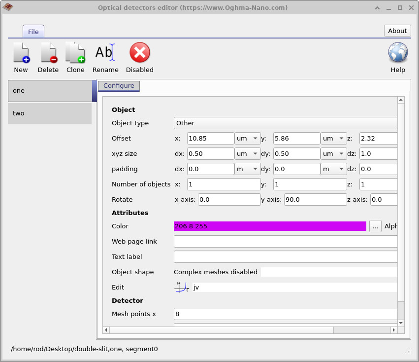 光学探测器编辑器，显示探测器列表并高亮 Disabled 状态。