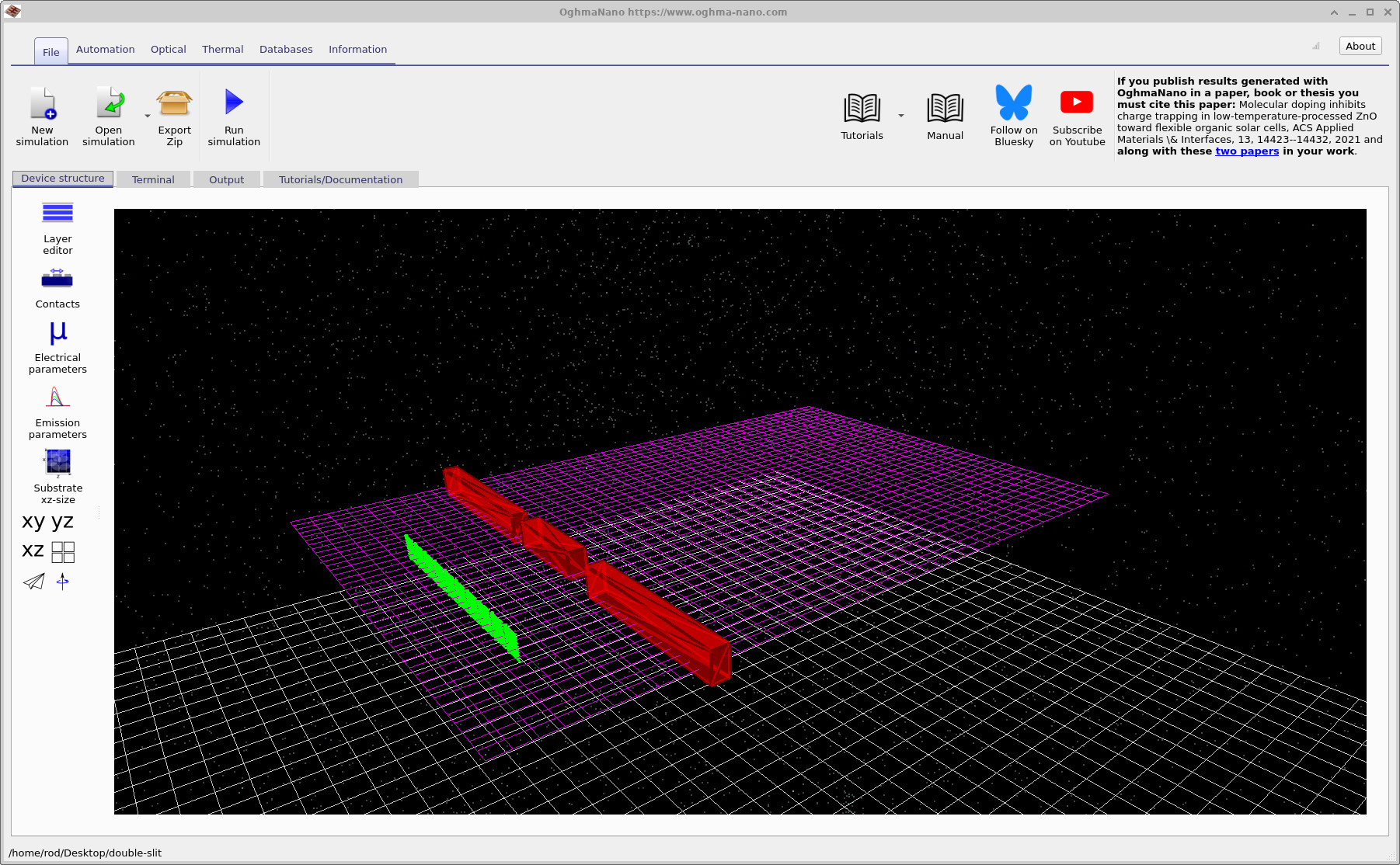 显示已加载 Double slit FDTD 示例的 OghmaNano 主窗口。