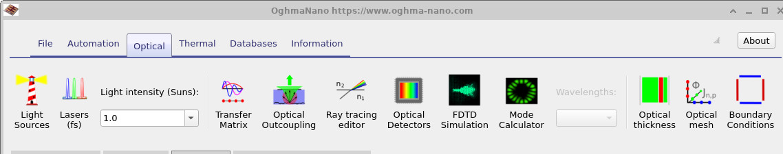 OghmaNano Optical 功能区，高亮显示 Optical Detectors 图标（CCD 相机）。