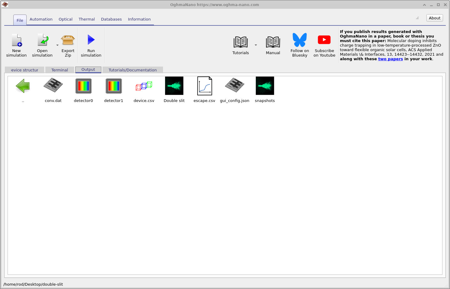 启用探测器并重新运行后，Output 选项卡中显示新的 detector0 和 detector1 项。