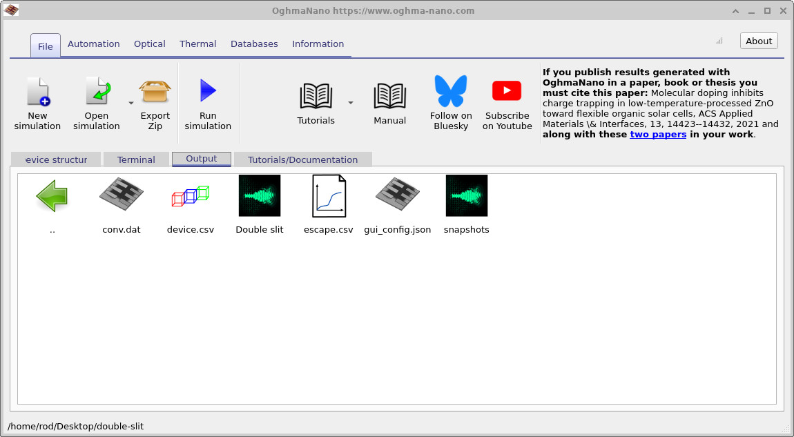 Output 选项卡列出了 Double slit 仿真生成的文件，包括 snapshots 文件夹。