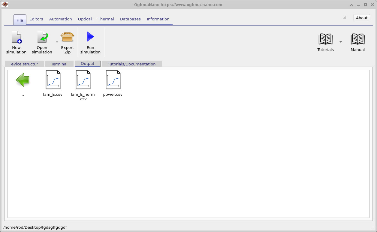 Detector0 folder showing output files lam_E.csv and power.csv for the input-side detector in the Fabry–Pérot cavity simulation.