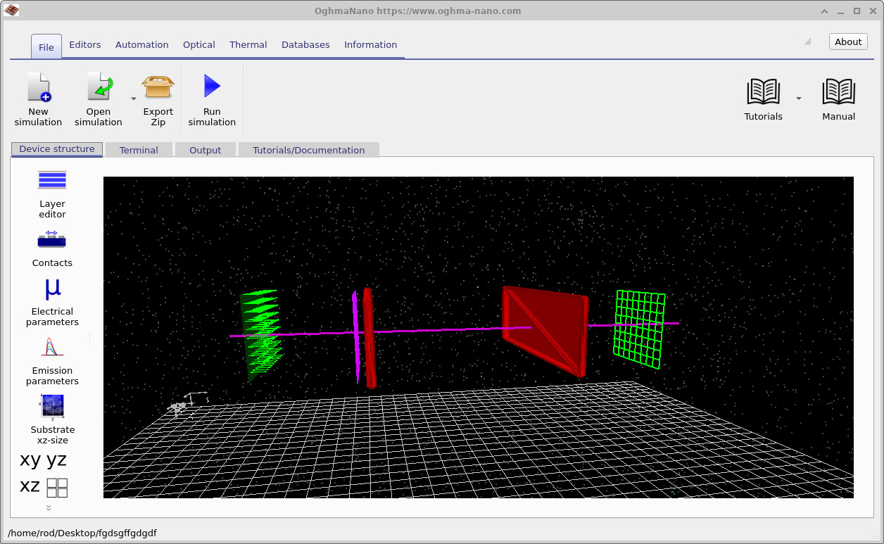 Simulation view showing the cavity after increasing the mirror separation.