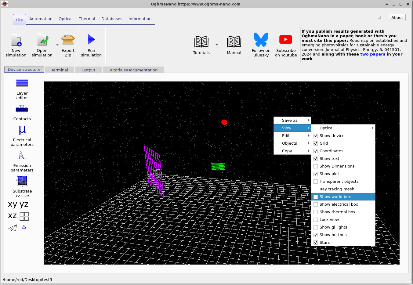 Main OghmaNano window showing the Free space simulation with a visible world box.