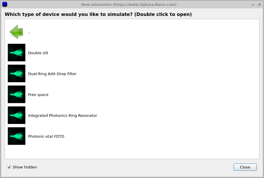 FDTD example list showing the Free space simulation.