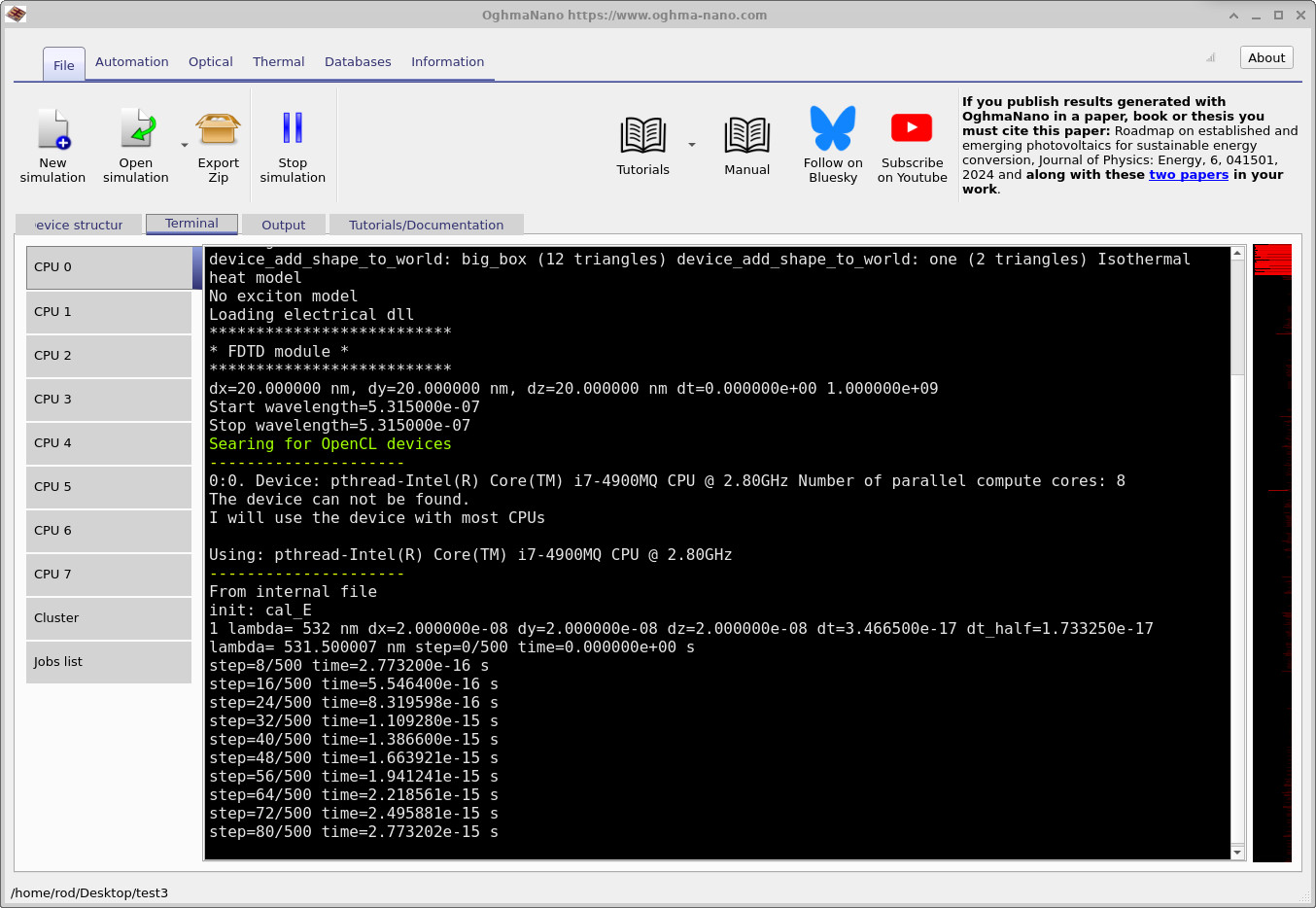Terminal output showing FDTD run and the message Searching for OpenCL devices.