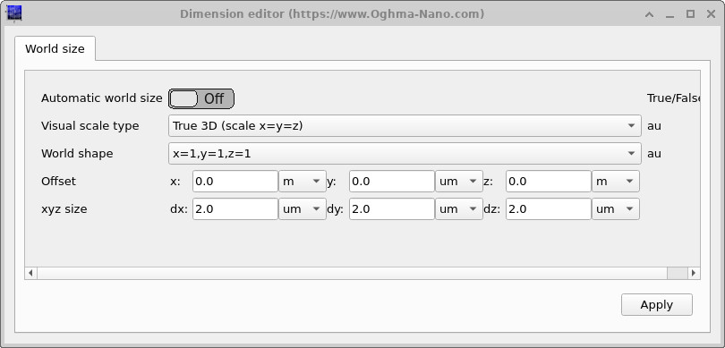 World size editor showing the dimensions of the FDTD simulation domain.
