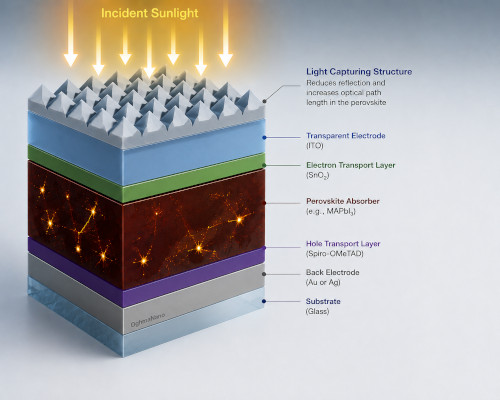 Cross-sectional schematic of a textured perovskite solar cell. The device consists of a light-trapping surface, transparent ITO electrode, SnO₂ electron transport layer, perovskite absorber, Spiro-OMeTAD hole transport layer, metal back electrode, and glass substrate. Later in this tutorial, this device is modelled using coupled 2D FDTD and drift-diffusion simulations.