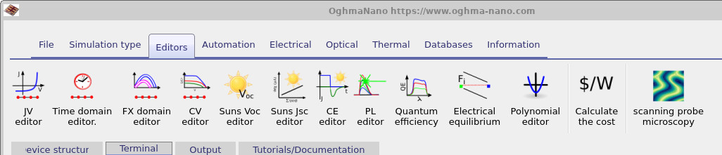 The Editors ribbon in OghmaNano, showing the JV editor button used to open the JV experiment window.