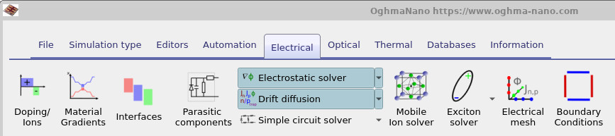 The Electrical ribbon in OghmaNano, showing the Electrical mesh button used to open the electrical mesh editor.