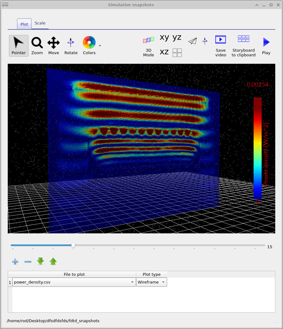 FDTD snapshot viewer showing the optical power density inside the perovskite device as a coloured field on a slice through the structure.