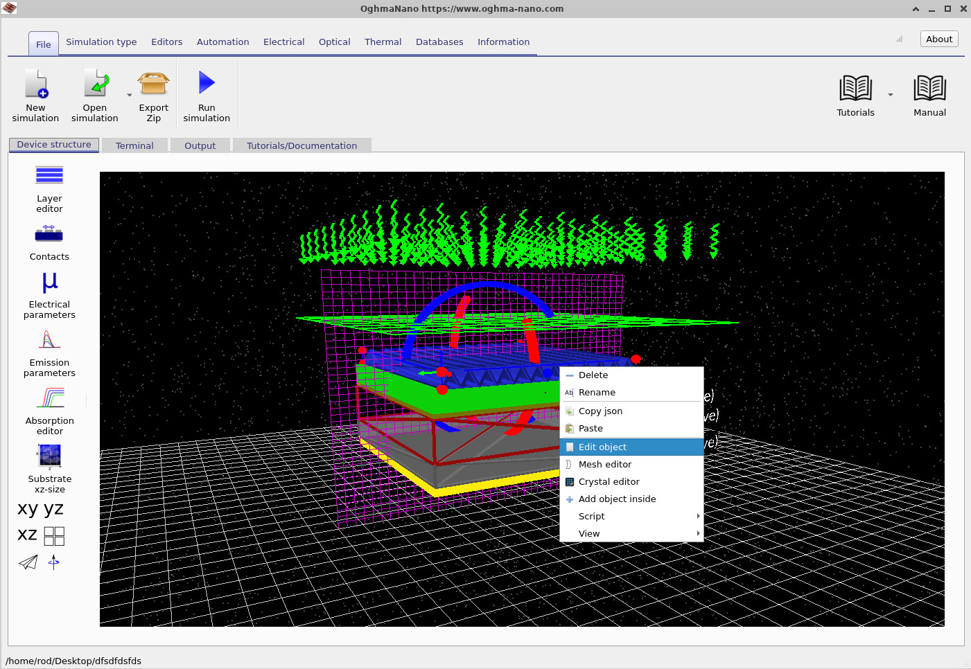 Right-click menu on the triangular light-trapping structure showing the Edit object option.