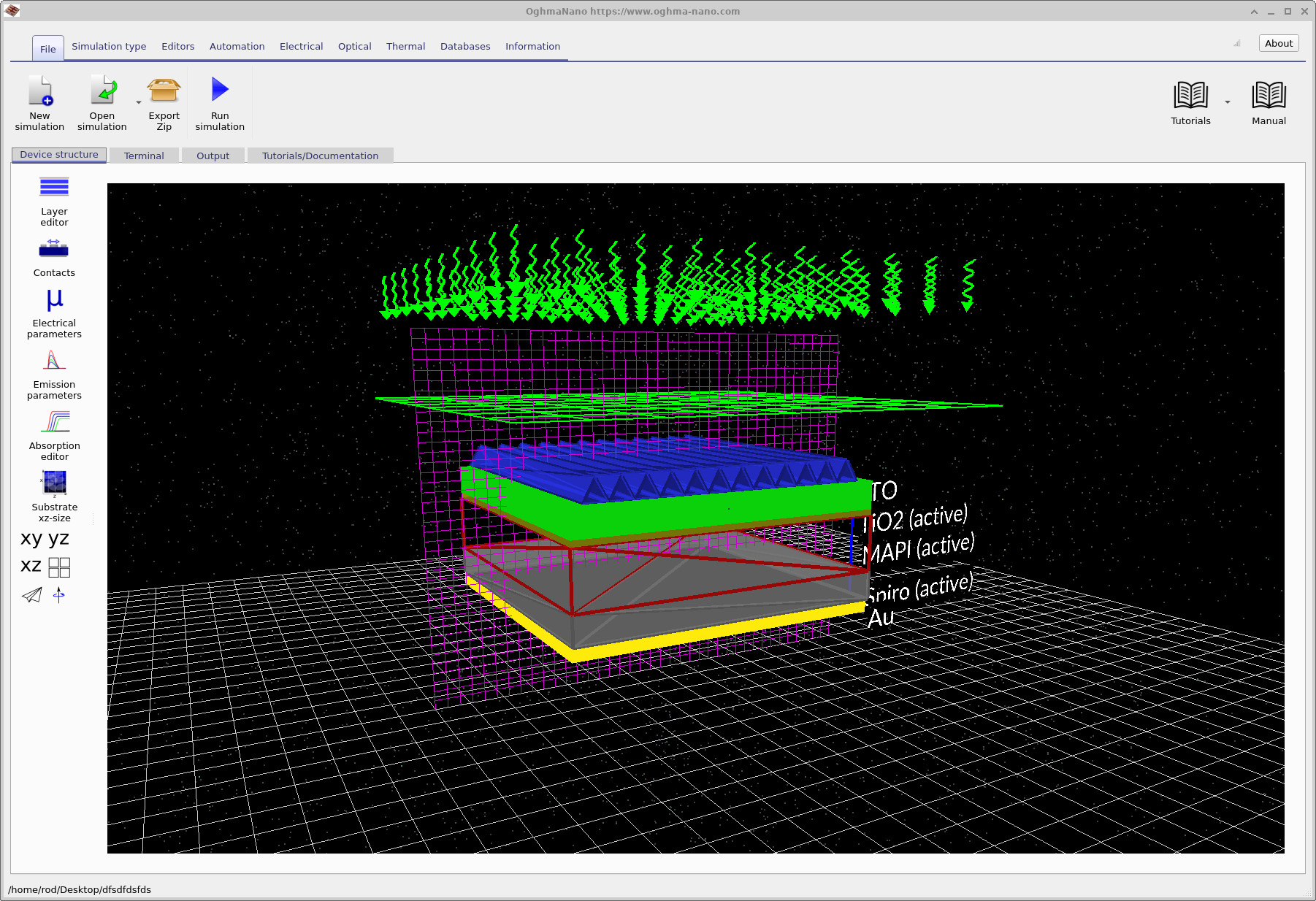 Main OghmaNano window showing a perovskite solar cell with a top light source, an FDTD mesh slice, a detector plane, a triangular light-trapping structure, and the stacked device layers.