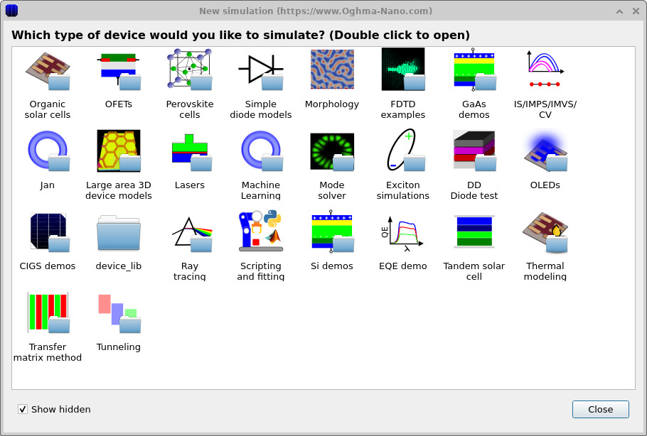 OghmaNano New simulation window showing device categories including an FDTD examples option.