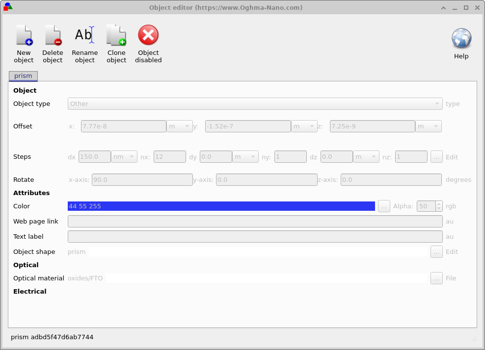 Object editor window with the enable/disable button in the toolbar set to Object disabled.